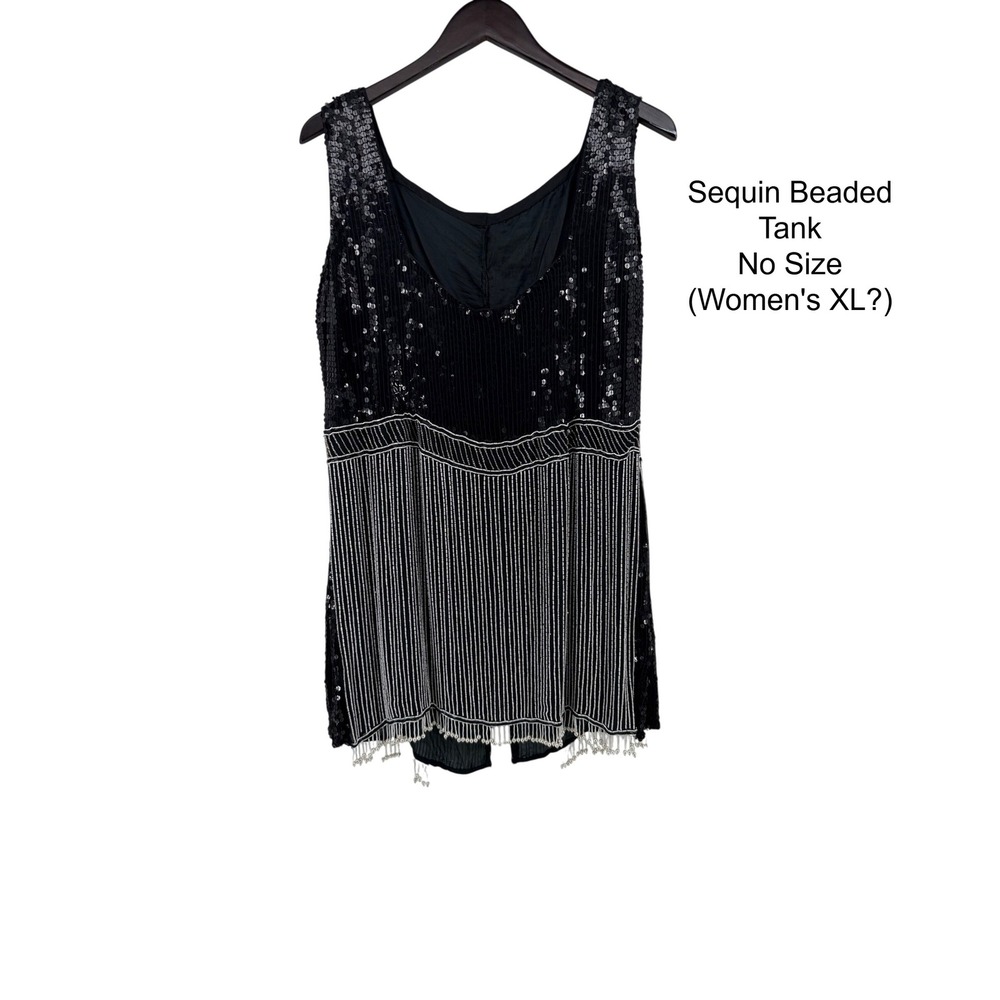 Vintage Sequin Beaded Tank Top Black White Fringe Pearl Detail Womens XL No‎ Tag